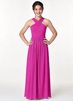 Azazie Jiya Junior Fuchsia A-Line Pleated Mesh Dress image4