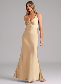 Azazie Kamila Bridesmaid Dresses Champagne A-Line Pleated Stretch Satin Dress image3