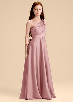 Azazie Charlize Junior Robe Trapèze en Satin extensible Plissée Rose Poussiéreuse image3
