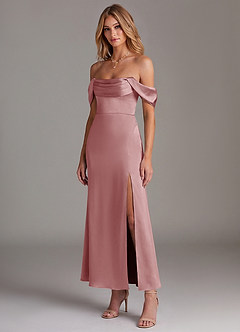 Azazie Saige Bridesmaid Dresses Dusty Rose Mermaid Off the Shoulder Stretch Satin Dress image4