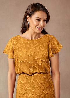 Azazie Lehi Mother of the Bride Dresses Butterscotch A-Line Boatneck Floral Burnout Dress image6