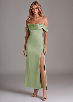 Azazie Saige 신부 들러리 드레스 인어 오프 더 숄더 스트레치 새틴 발목 길이 드레스 image3