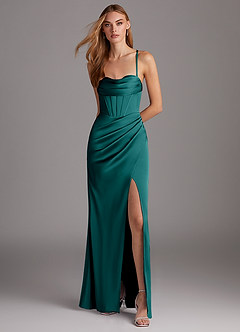 Azazie Brookelle Bridesmaid Dresses Peacock Sheath Sweetheart Corset Stretch Satin Dress image2