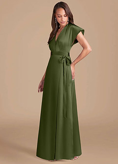 Azazie Nico Bridesmaid Dresses Olive A-Line Pleated Metallic Satin Dress image3