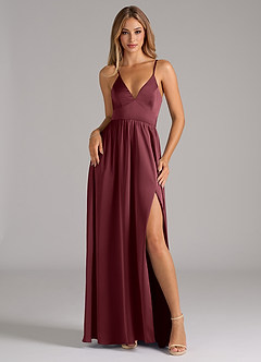 Azazie Aaida Vestidos de damas de honor Vestido de Merlot de Satén Elástico de Corte en A con Corsé image1