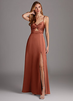 Azazie Jenna Bridesmaid Dresses Clay A-Line Pleated Stretch Satin Dress image1