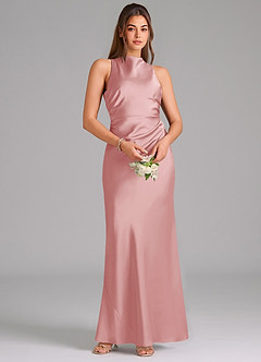 Azazie Evadne Bridesmaid Dresses Powder Pink Sheath Pleated Stretch Satin Dress image6