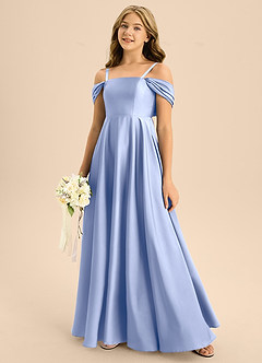 Azazie Rowena Junior A라인 절하다 스트레치 새틴 플로어 길이 주니어 신부 들러리 드레스 image7