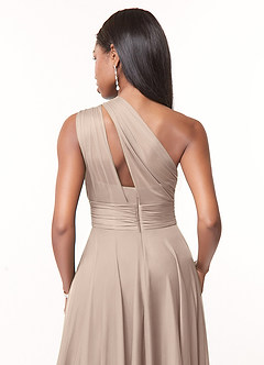 Azazie Charlize Bridesmaid Dresses Taupe A-Line One Shoulder Mesh Dress image4