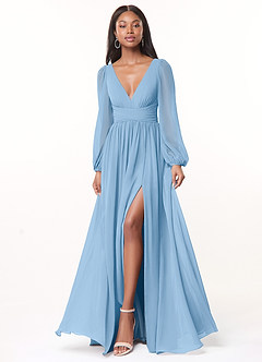 Azazie Norah Brautjungfernkleider A-Linie Lange Ärmel mit V-Ausschnitt Chiffon Kleid Puderblau image1