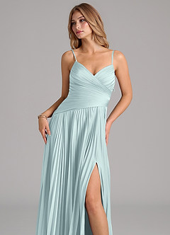 Azazie Vini Bridesmaid Dresses Mist A-Line Pleated Stretch Satin Dress image2