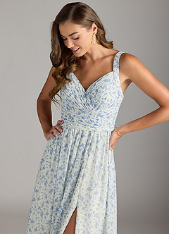 Azazie Chanel Bridesmaid Dresses Blue And White Ditsy Floral A-Line Pleated Chiffon Dress image7