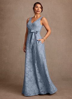 Azazie Luanne vestidos de madre de la novia Vestido de Azul Polvoriento de Devorado Floral de Corte en A con Plisado image2
