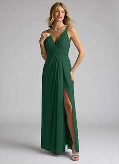 Azazie Maren Allure Bridesmaid Dresses Dark Green A-Line V-Neck Lace Chiffon Dress image1
