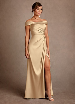 Azazie Bedford Mother of the Bride Dresses Champagne Sheath Pleated Stretch Satin Dress image4