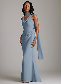 Azazie Linelle Bridesmaid Dresses Dusty Blue Mermaid Pleated Chiffon Dress image4