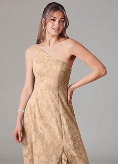Azazie Ellianna Bridesmaid Dresses Champagne A-Line One Shoulder Floral Burnout Dress image5