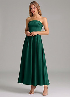 Azazie Lucienne 신부 들러리 드레스 A라인 주름진 스트레치 새틴 발목 길이 드레스 image4