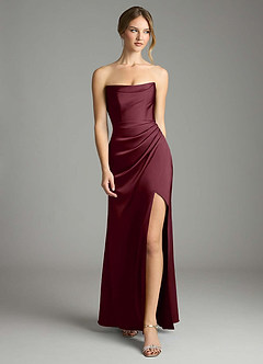 Azazie Leonis Bridesmaid Dresses Cabernet Mermaid Pleated Stretch Satin Convertible Dress image5