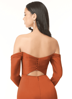 Azazie Hallie At-home Try On Dresses Peacock Sheath Off-The-Shoulder Long Sleeve Stretch Satin Convertible Dress image8