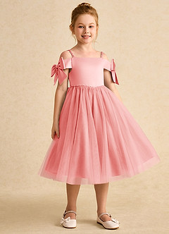 Azazie Amie Flower Girl Dresses Coral A-Line Off the Shoulder Matte Satin Dress image5