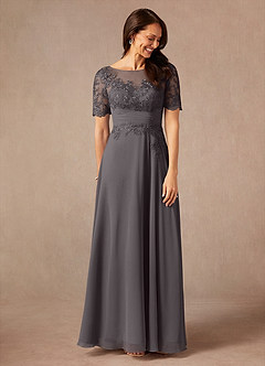 Azazie Raissa Mother of the Bride Dresses Steel Grey A-Line Lace Chiffon Dress image7