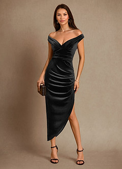 Azazie Nabila Mother of the Bride Dresses Black Column Off the Shoulder Velvet Dress image4