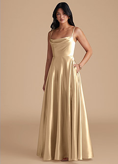 Azazie Elle Bridesmaid Dresses Champagne A-Line with Pockets Metallic Satin Dress image1