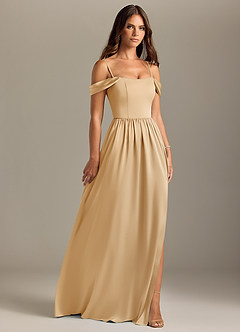 Azazie Calianna Bridesmaid Dresses Gold A-Line Off the Shoulder Stretch Satin Convertible Dress image7