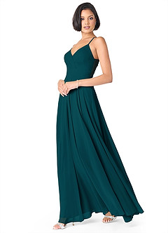 Azazie Avelina Robes de demoiselle d'honneur Robe Trapèze en Mousseline de soie Col V plissé Vert Pin image3
