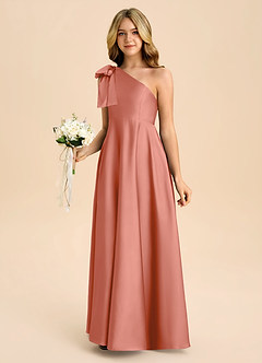 Azazie Penguin Junior Salmon Pink A-Line Bow Stretch Satin Dress image5