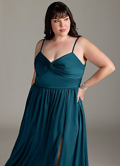 Azazie Zeya Robes de demoiselle d'honneur Robe Trapèze en Satin extensible Plissée Bleu Encre image14