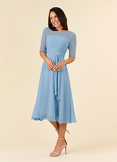 Azazie Naomi Abiti per la Madre della Sposa Abito A-Line in Chiffon Plissettato con Scollo a Barca Azzurro Polvere image3