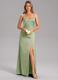 Azazie Azuree At-home Try On Dresses Dusty Sage A-Line Pleated Stretch Satin Dress image3