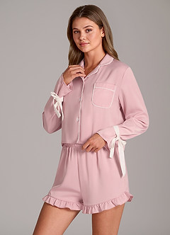 front Ensemble pyjama short à volants et manches nouées en satin contrasté