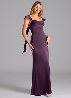 Azazie Adi Vestidos de damas de honor Vestido de Ciruela de Satén Elástico de Corte en A con Plisado image3