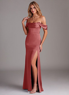 Azazie Saige Suknie dla druhen Osłona Zza ramienia Satyna elastyczna Do ziemi Sukienka image5