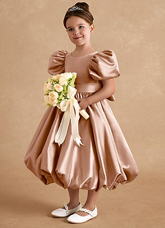 Azazie Jellybean Sukienki dla dziewczynek sypiących kwiaty Suknia balowa Marszczony Matowy satynowy Długość herbaty Sukienka image1