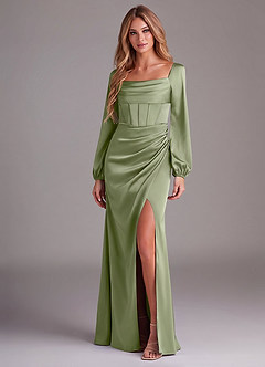Azazie Charissa Bridesmaid Dresses Pistachio Sheath Long Sleeve Stretch Satin Dress image4