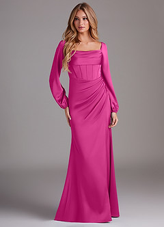 Azazie Charissa Brautjungfernkleider Etui Langarm Stretch-Satin Kleid Fuchsia image3
