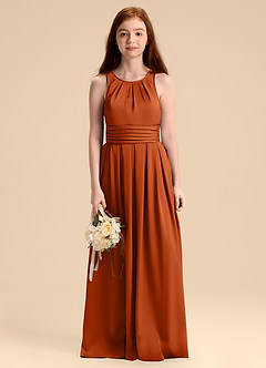 Azazie Bibiane Junior Abito A-Line in Raso Elasticizzato Plissettato Arancia Bruciata image6