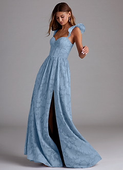 Azazie Denisse Bridesmaid Dresses Powder Blue A-Line Ruched Floral Burnout Dress image3