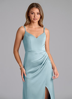 Azazie Leo Bridesmaid Dresses Moody Blue Sheath Pleated Stretch Satin Dress image3