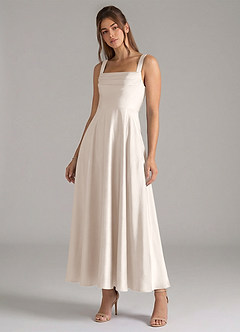 Azazie Shaude Bridesmaid Dresses White Alabaster A-Line Pleated Stretch Satin Dress image4