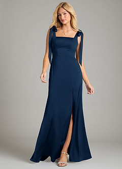 Azazie Frostine Bridesmaid Dresses Dark Navy A-Line Bow Stretch Satin Dress image4