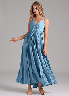 Azazie Raychelle Vestidos de damas de honor Vestido de Azul Acero de Satén Elástico de Corte en A con Plisado image3