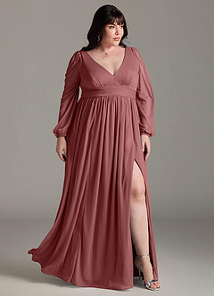 Azazie Norah Bridesmaid Dresses Amethyst A-Line V-Neck Long Sleeve Chiffon Dress image9