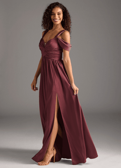 Azazie Lianne Bridesmaid Dresses Merlot A-Line Off the Shoulder Stretch Satin Dress image7