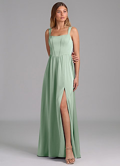 Azazie Rosaline Robes de demoiselle d'honneur Robe Trapèze en Satin extensible Fente Latérale Agave image4