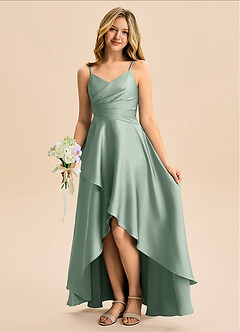 Azazie Eirlys Junior Agave A-Line Pleated Stretch Satin Dress image1